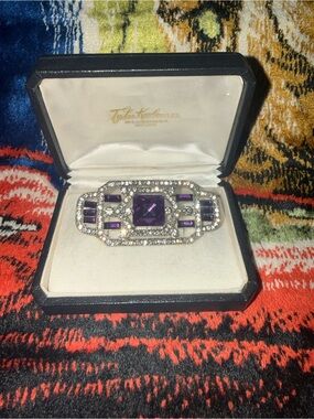 Vintage Style Silver Tone Purple Clear Rhinestone Brooch